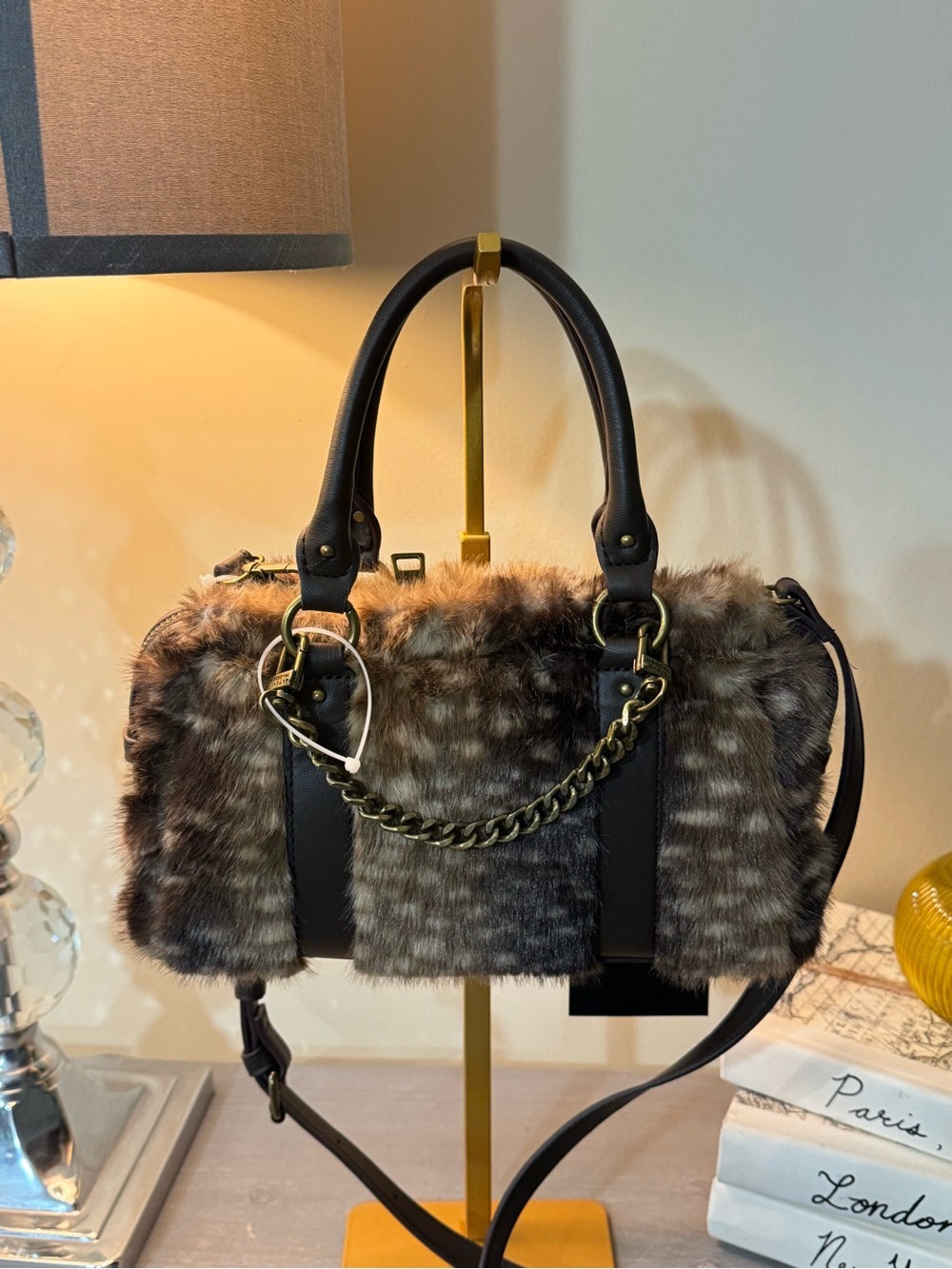 Steve Madden Faux Fur Animal Print Satchel Crossbody Bag Brown Tan New